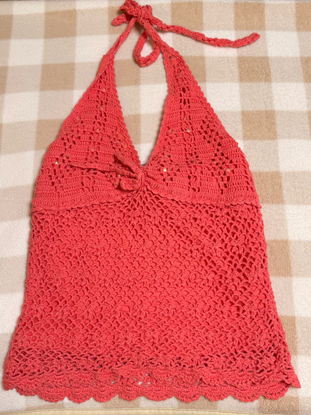 Y2K Pink Sequin Crochet Halter Top